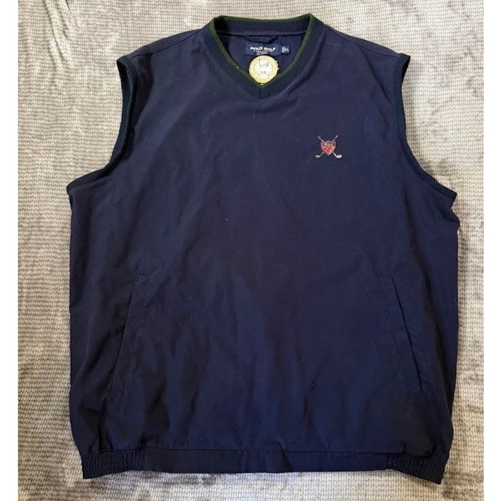 Polo Golf Ralph Lauren Mens XL Navy Blue V-Neck Windbreaker Vest Golf Crest Logo